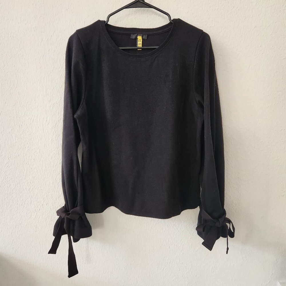 J Crew Ribbon Bow Tie Cuffs Top Shirt Medium Long Sleeve Pullover Black